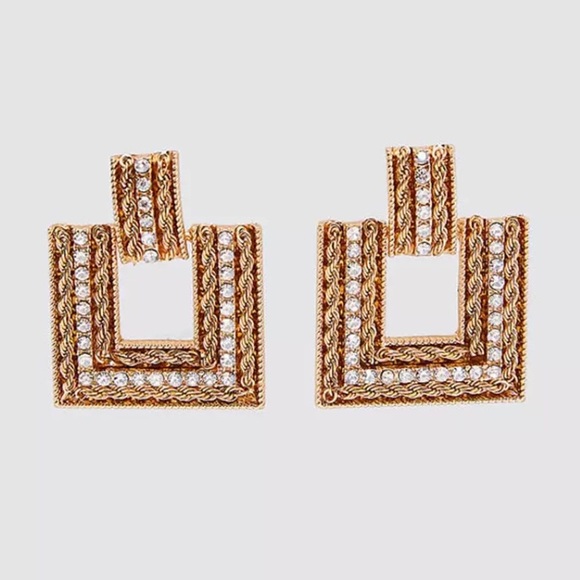 2/$35 🖤 ZARA Gold Square Rhinestone Drop Earrings - Picture 2 of 3